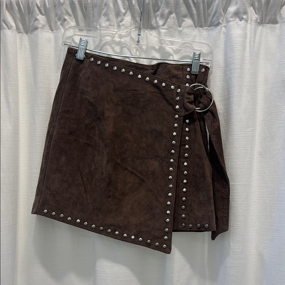 Brown Suede Wrap Skirt with Studded Details